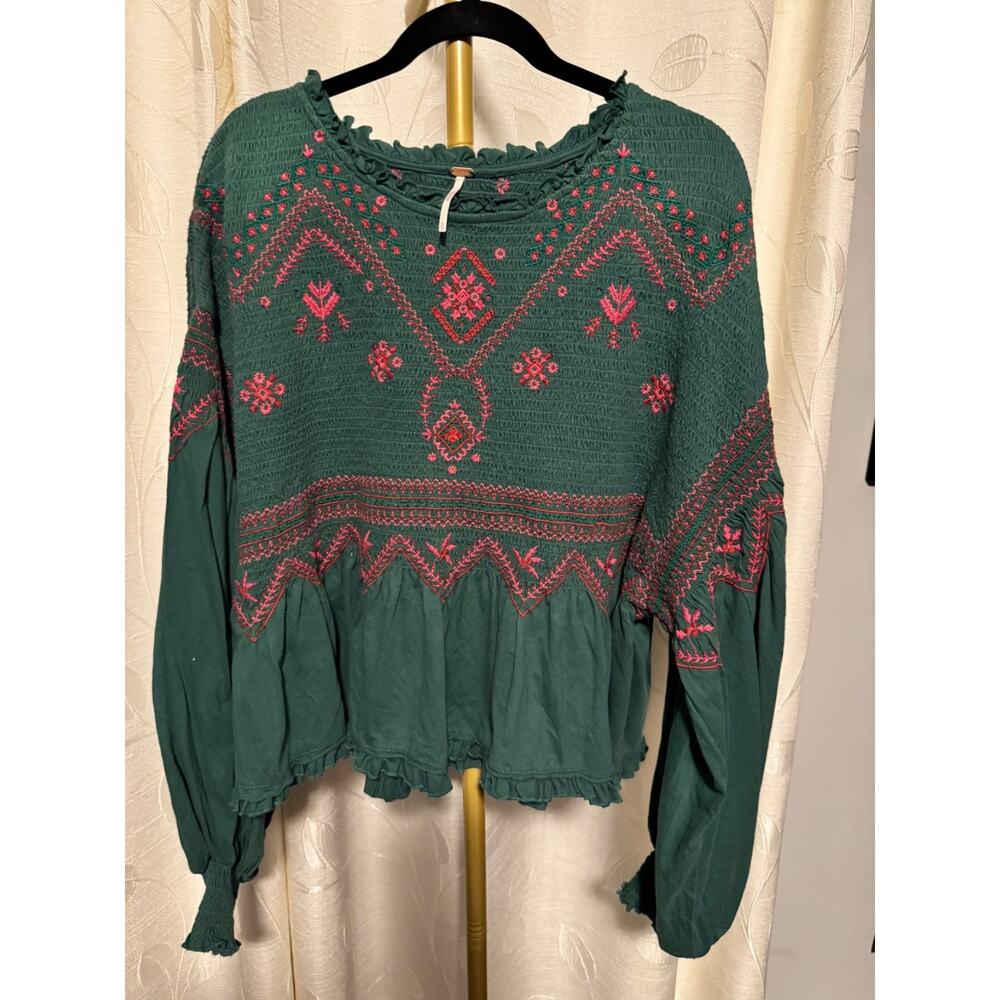 Free People Holly Knit Embroidered Smocked Long SleeveTop, Size XL - Picture 6 of 6